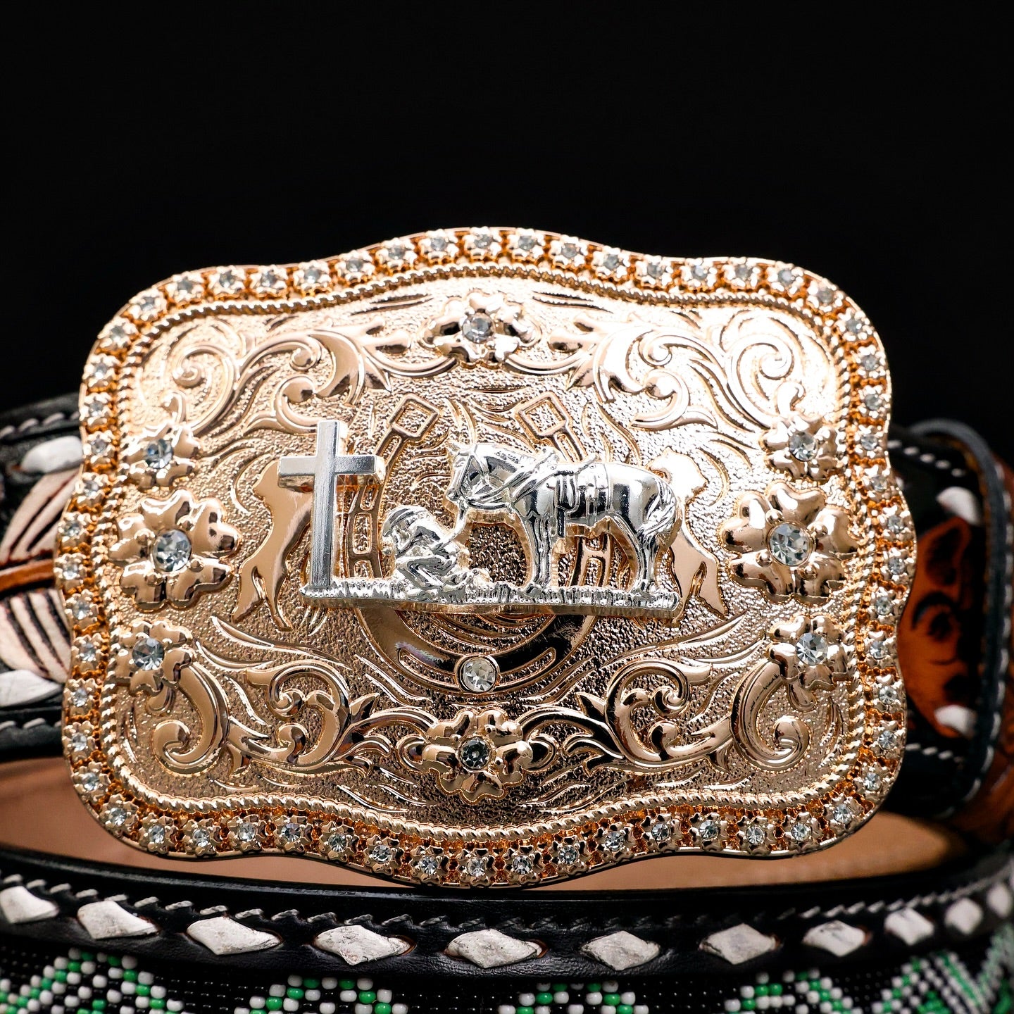 Hand-Tooled Artesanal Beaded Leather Belt