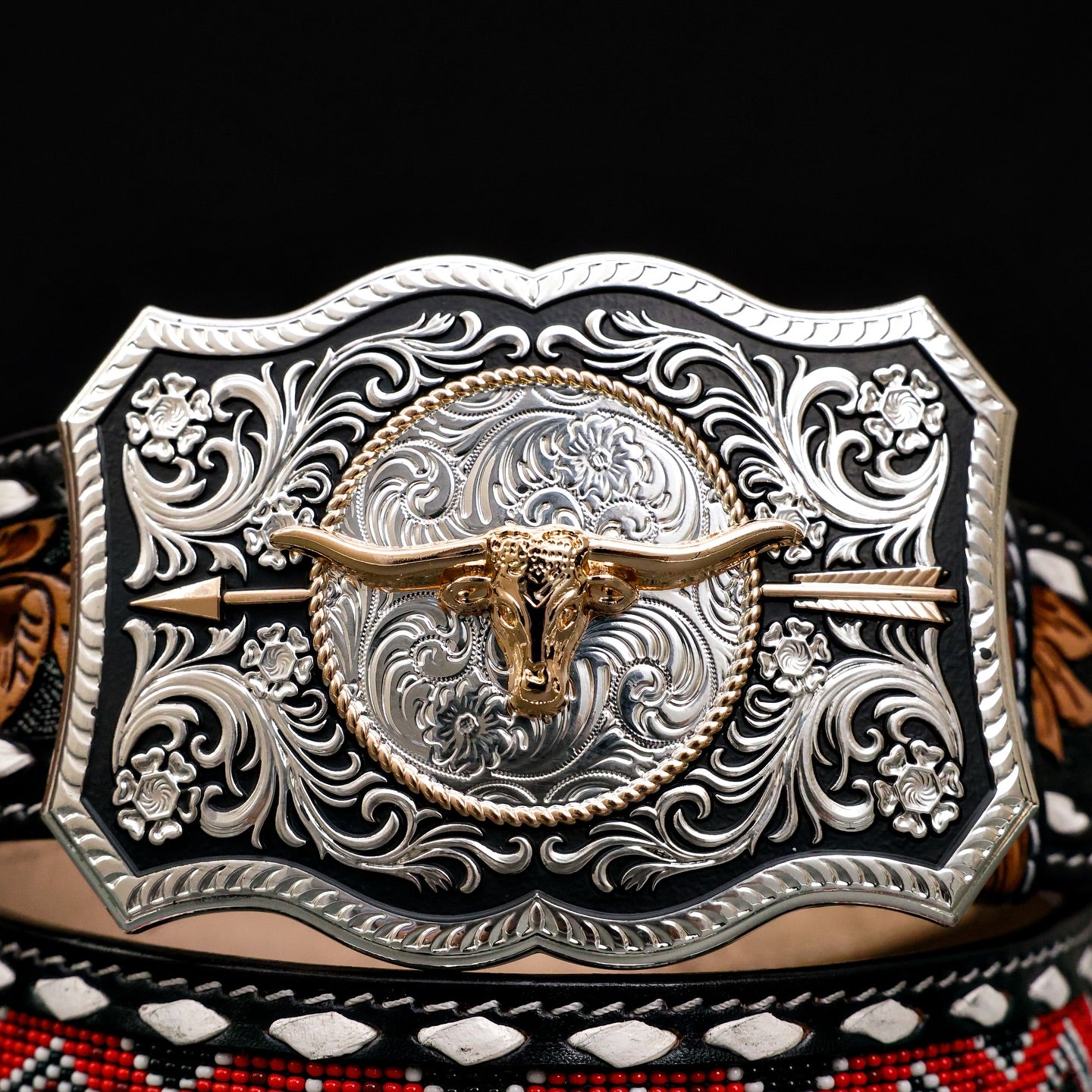 Hand-Tooled Artesanal Beaded Leather Belt