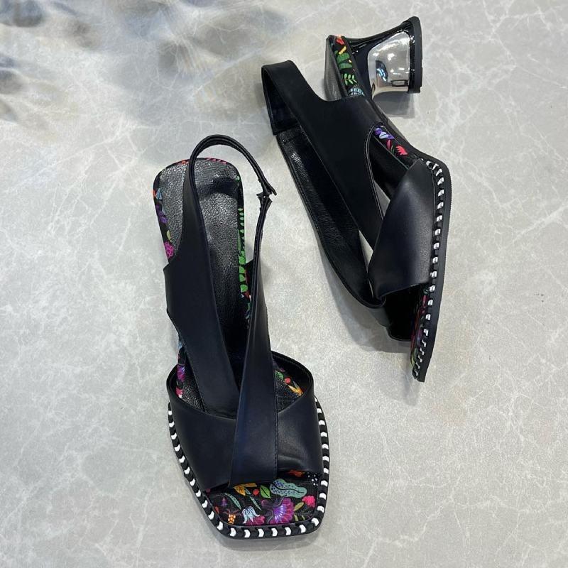 Women's Floral Sole Round Heel Leather Sandals