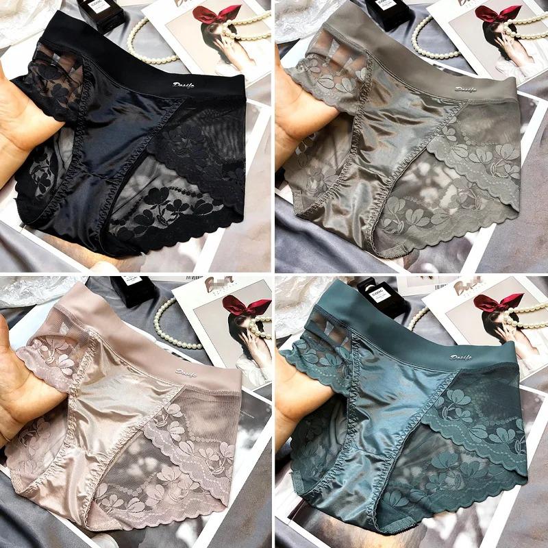 Women's High-end Satin Light Luxury Lace Breathable Mesh Cotton Briefs