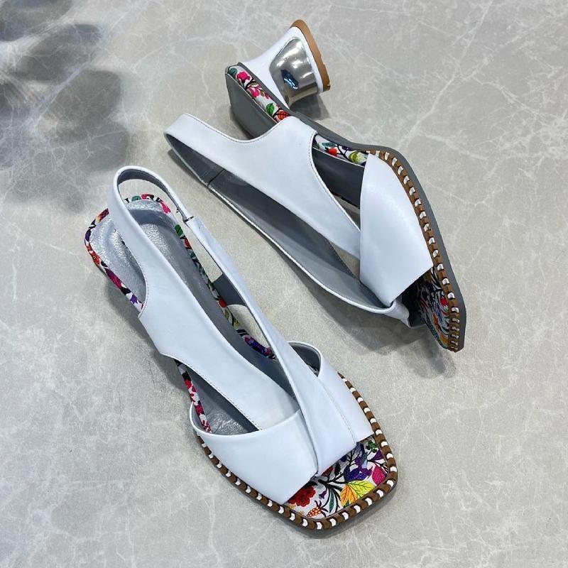 Women's Floral Sole Round Heel Leather Sandals