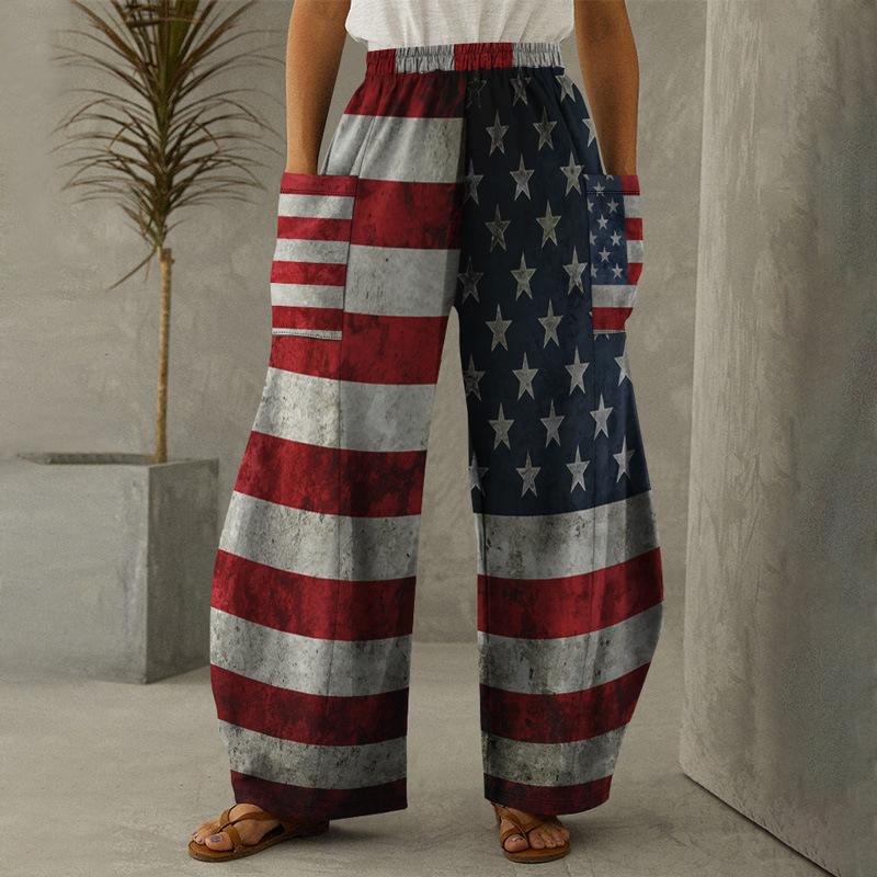 Independence Day Print Loose with Pocket Wide Leg Pant
