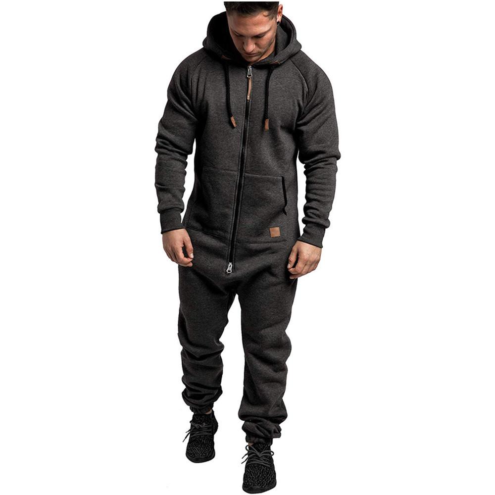 Men's Hooded Fleece Solid Color Jumpsuit