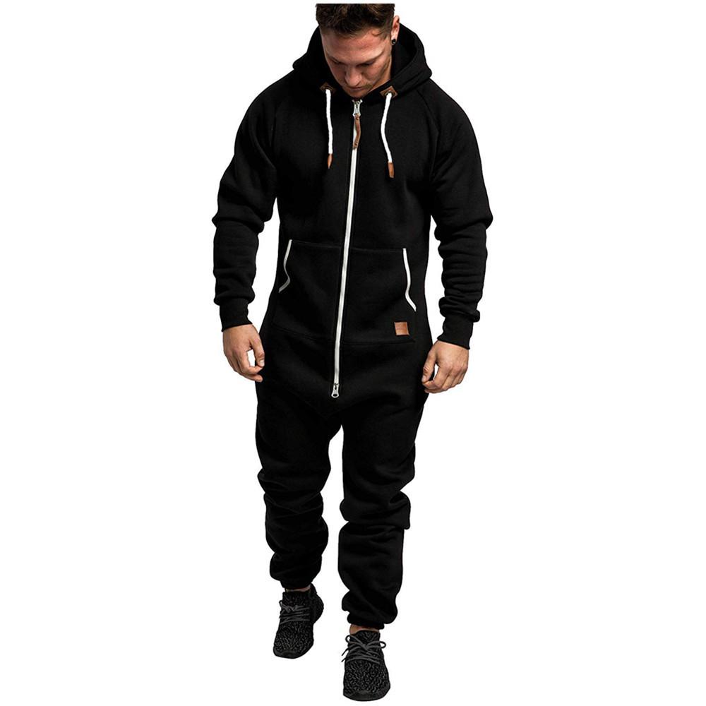 Men's Hooded Fleece Solid Color Jumpsuit