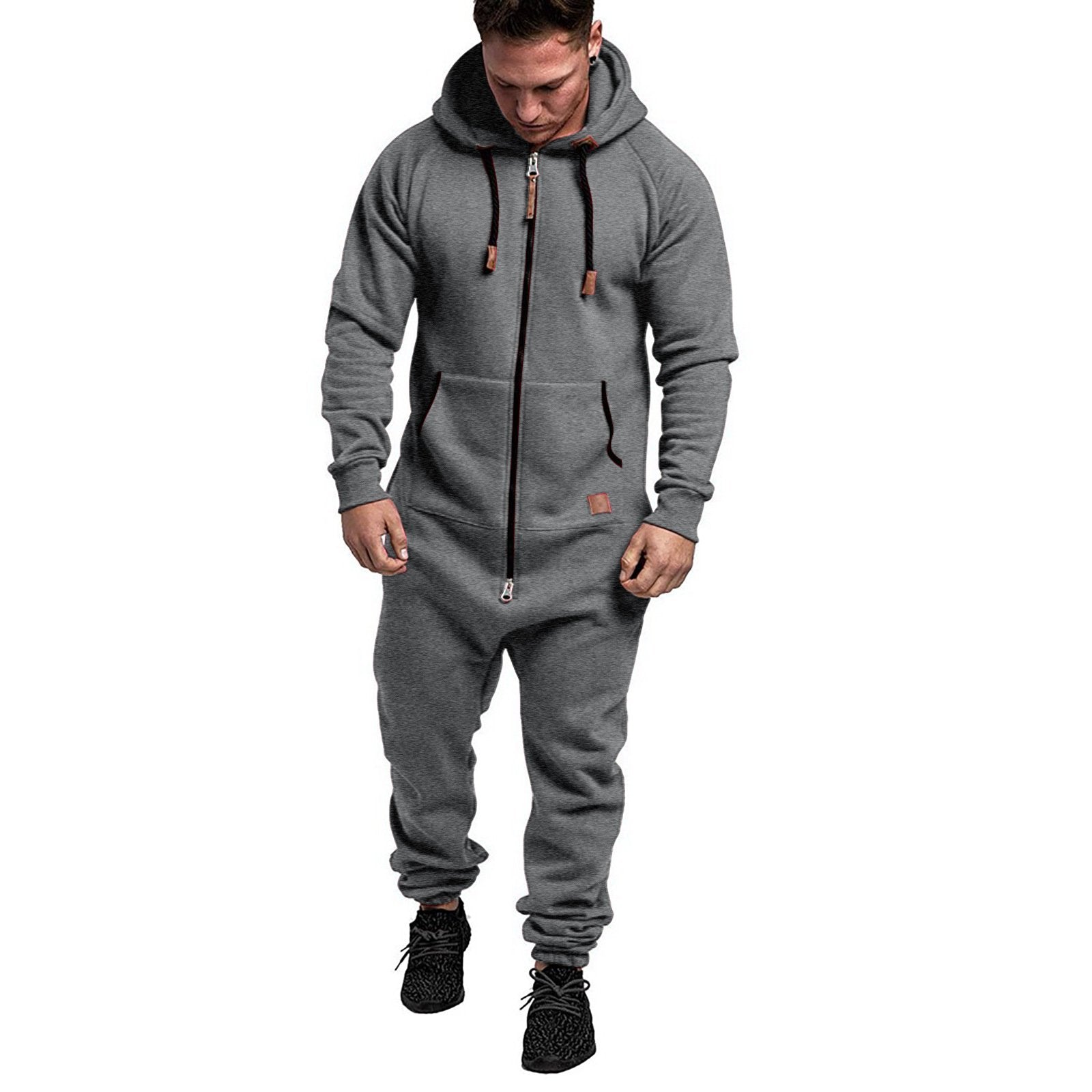 Men's Hooded Fleece Solid Color Jumpsuit