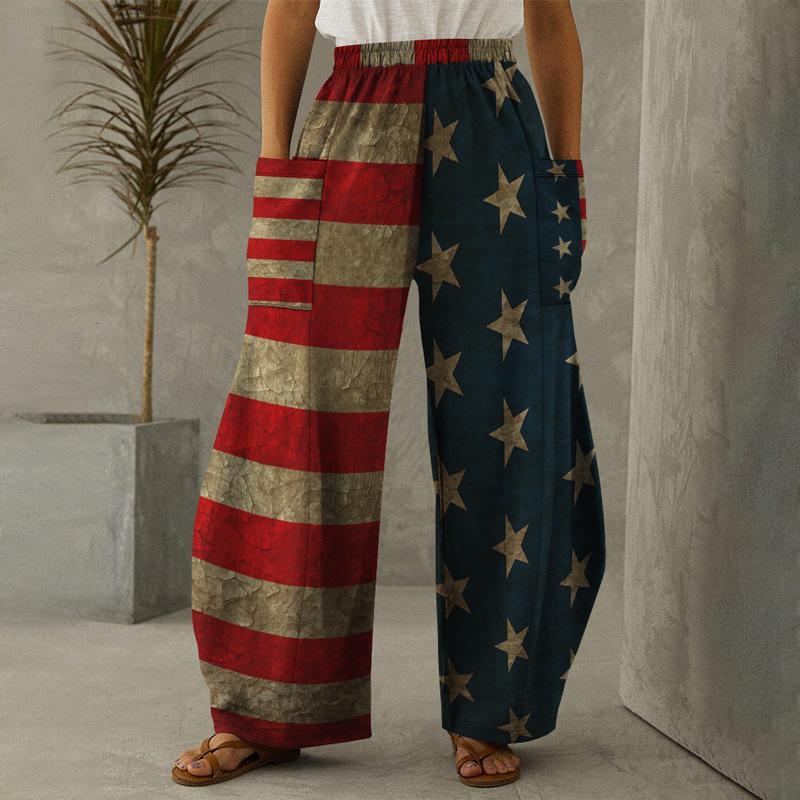 Independence Day Print Loose with Pocket Wide Leg Pant