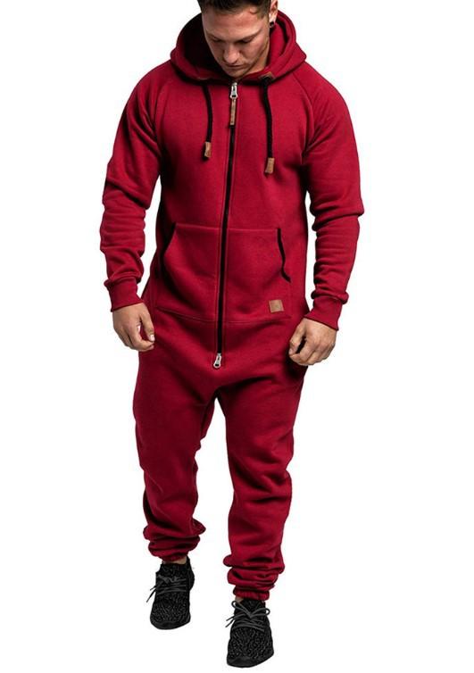 Men's Hooded Fleece Solid Color Jumpsuit