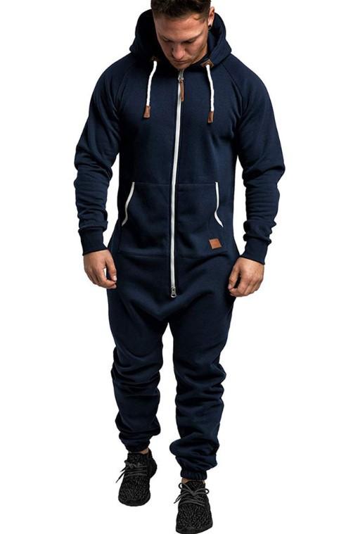 Men's Hooded Fleece Solid Color Jumpsuit