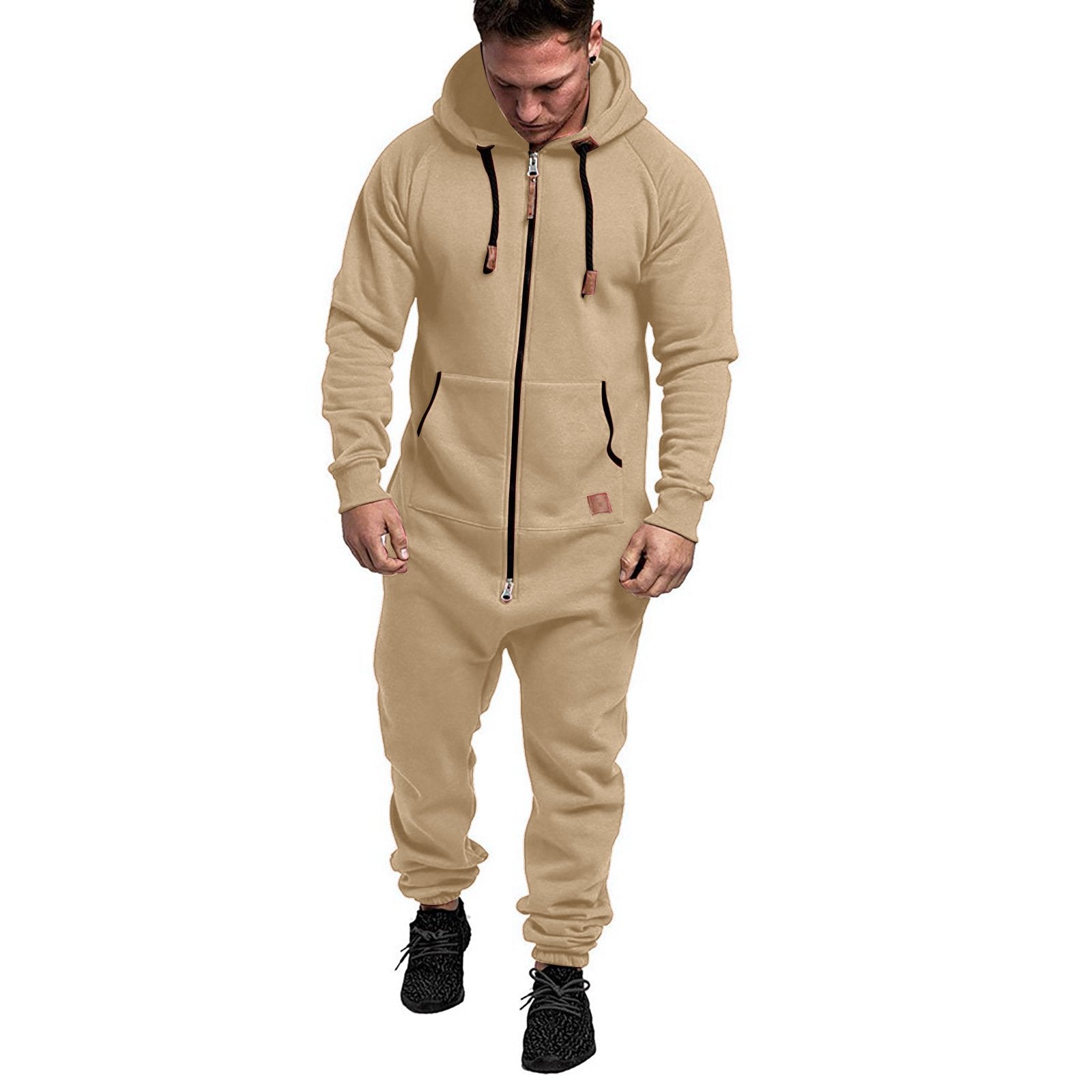 Men's Hooded Fleece Solid Color Jumpsuit