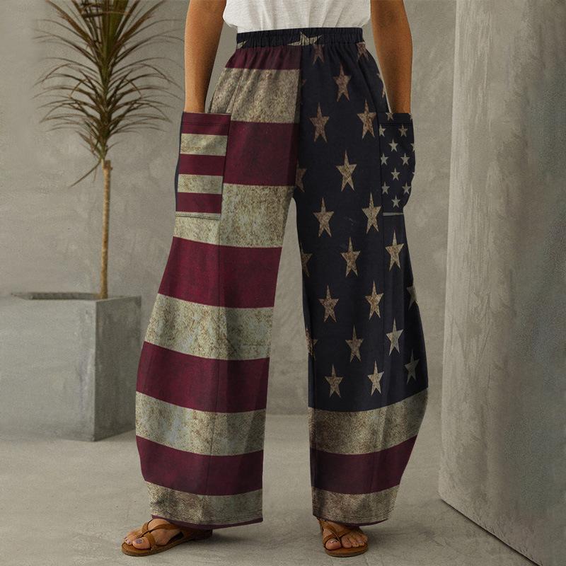 Independence Day Print Loose with Pocket Wide Leg Pant