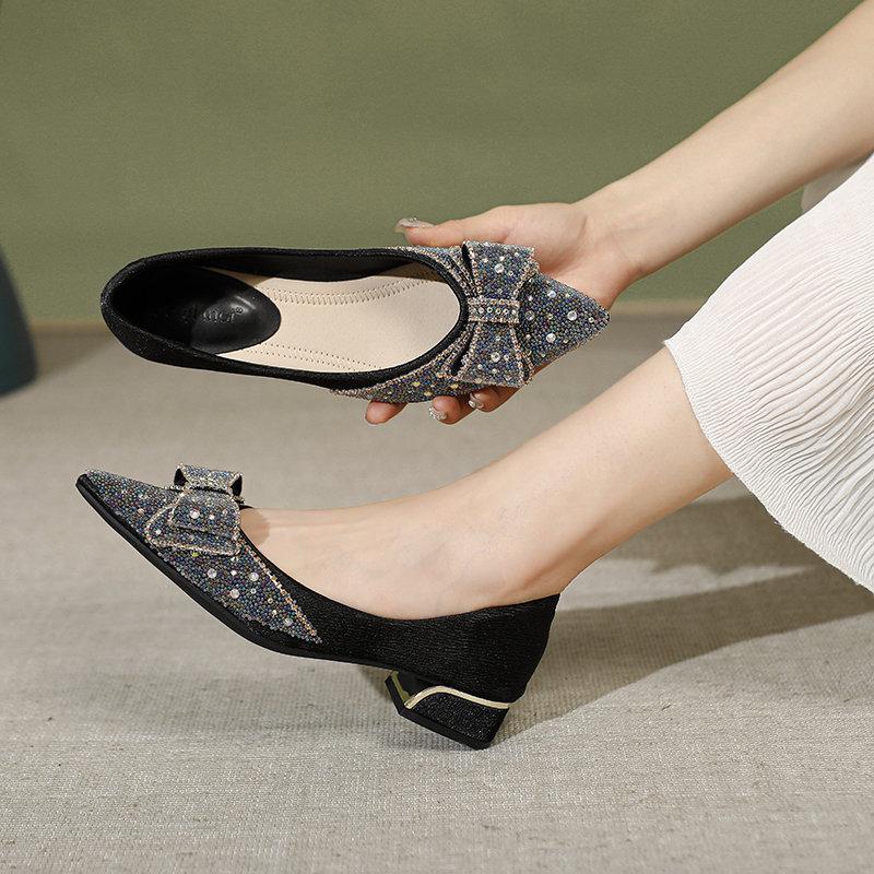 Rhinestone Bow Low Heels
