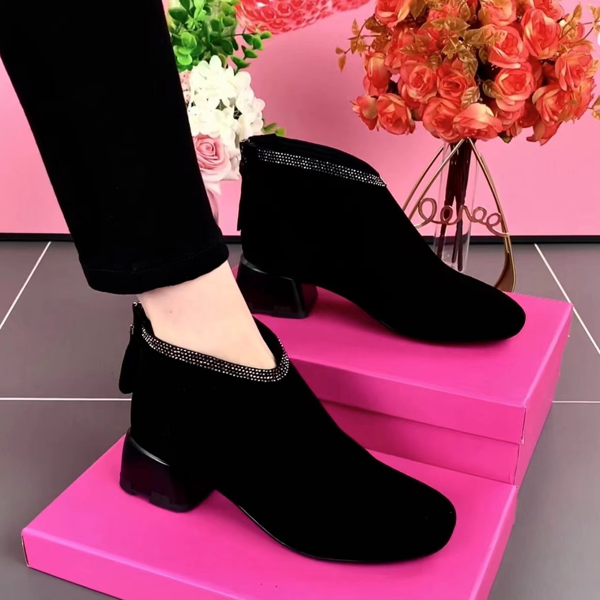 Suede rhinestone boots