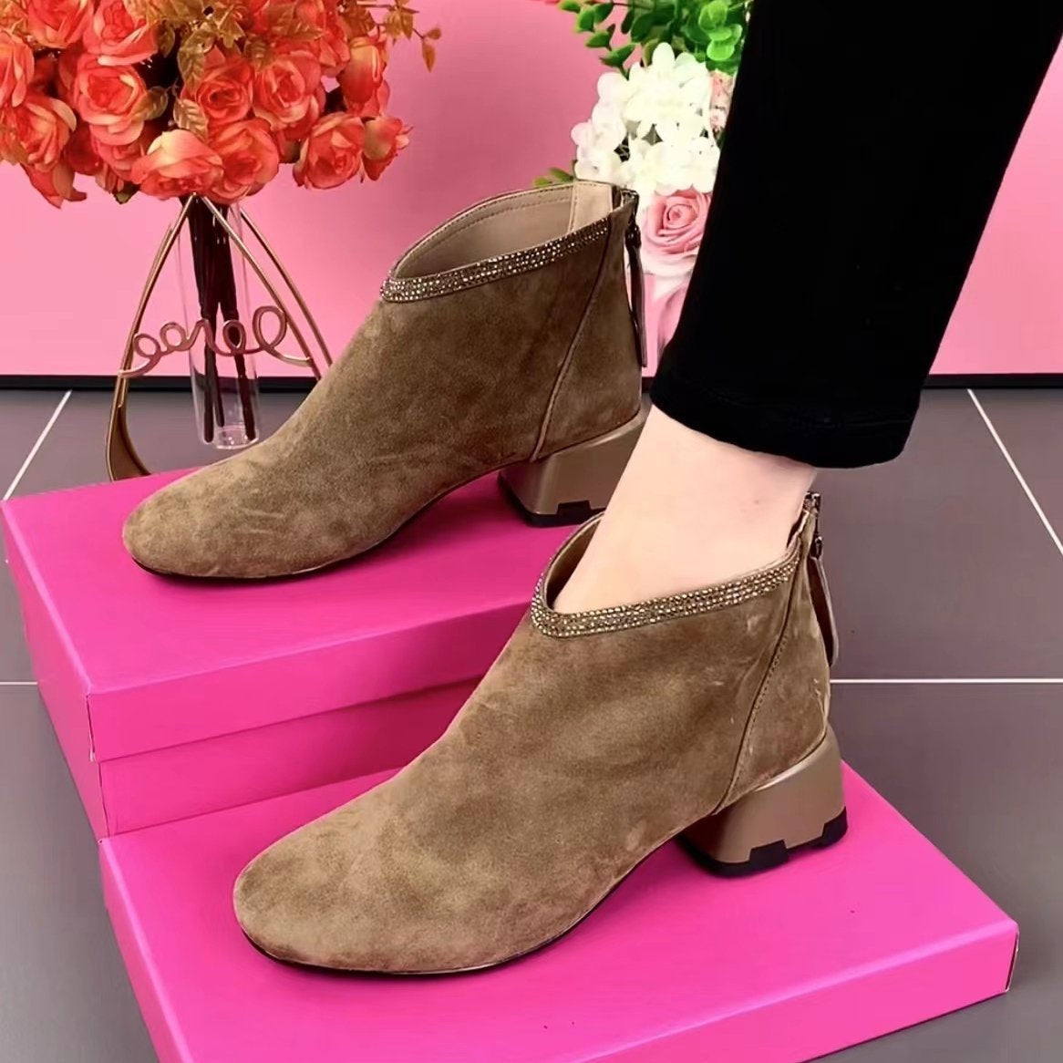 Suede rhinestone boots