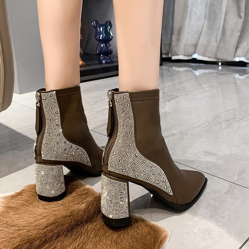 Rhinestone soft leather boots(7cm)