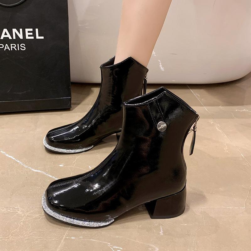 Rhinestone edge soft leather boots(5cm)