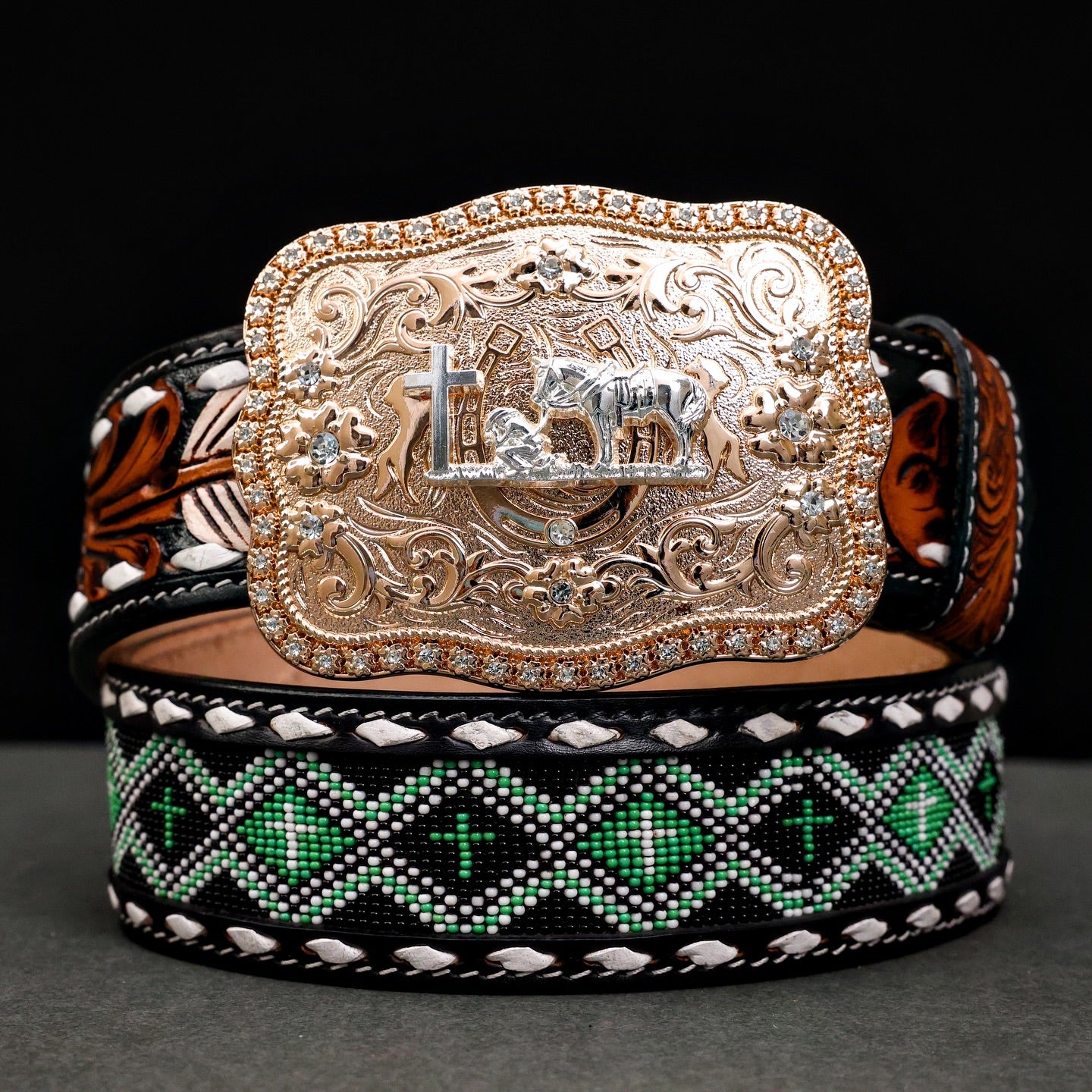 Hand-Tooled Artesanal Beaded Leather Belt