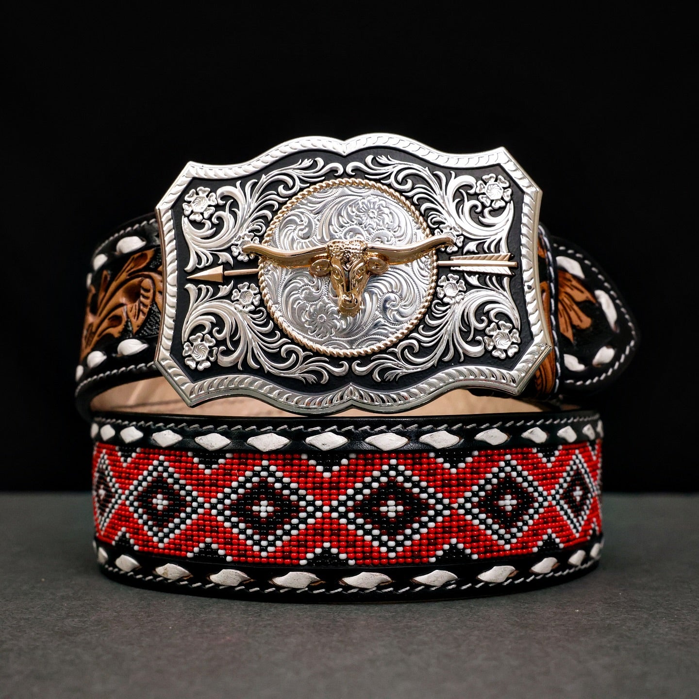 Hand-Tooled Artesanal Beaded Leather Belt