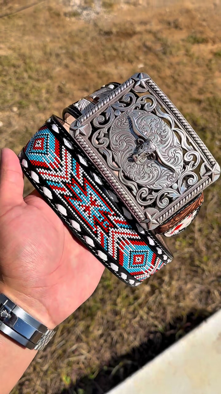 2 Inch Hand-Tooled Artesanal Beaded Leather Belt