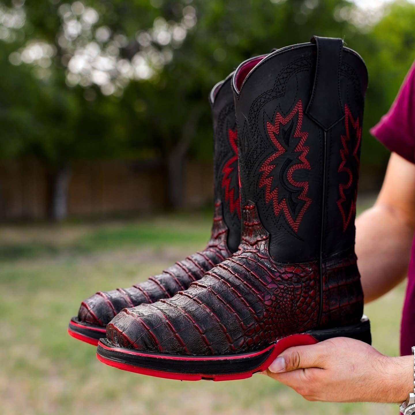 Black Cherry Caiman Belly Leather Boots