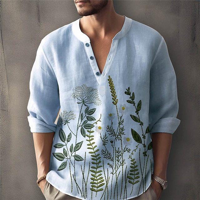Men's Linen Stand Collar Flower Shirt