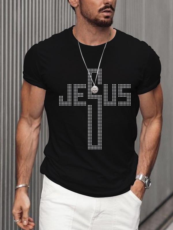 Sequin Cross Jesus Casual Short-sleeved T-shirt