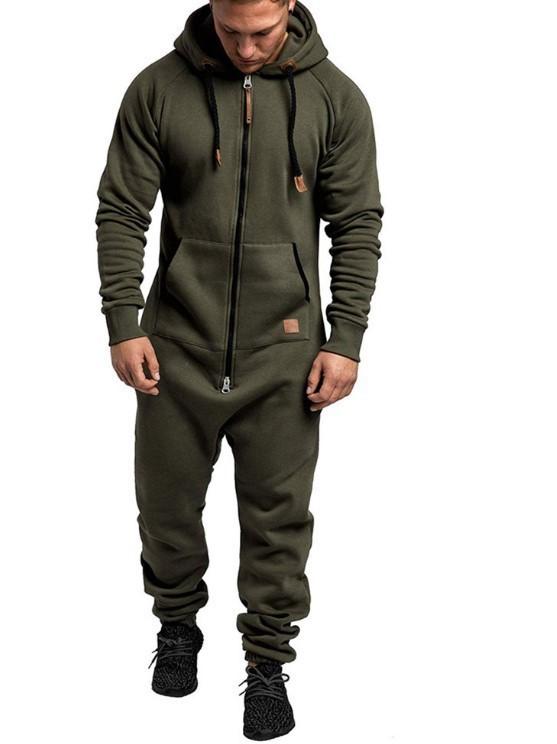 Men's Hooded Fleece Solid Color Jumpsuit