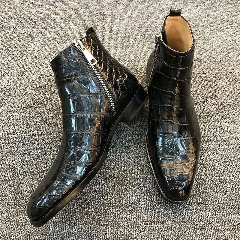 Black High Heel Alligator Pattern Zip Chelsea Boots