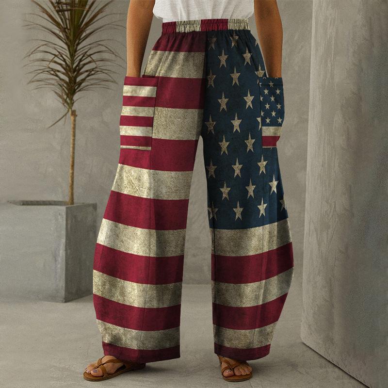 Independence Day Print Loose with Pocket Wide Leg Pant