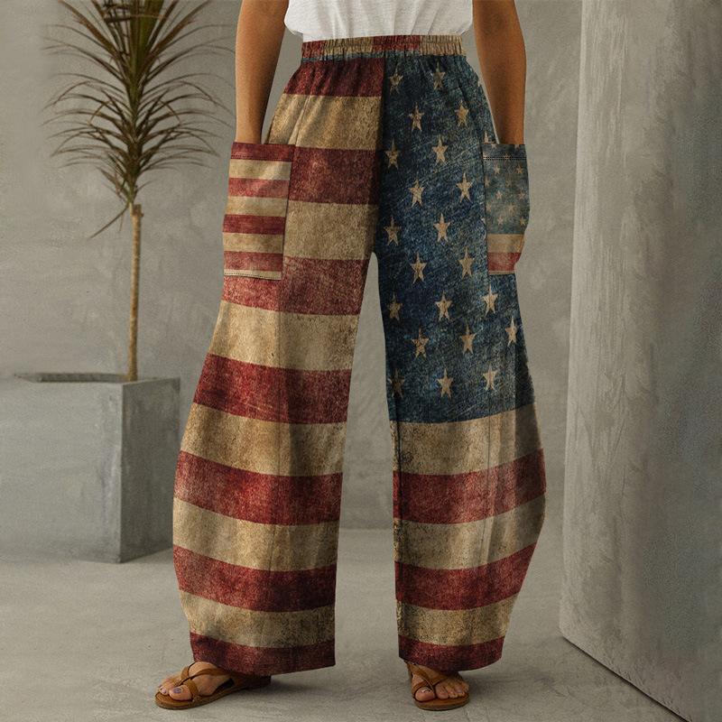 Independence Day Print Loose with Pocket Wide Leg Pant