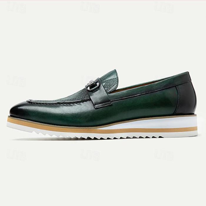 Slip-On Men's Leather Loafers With Metal Buckle