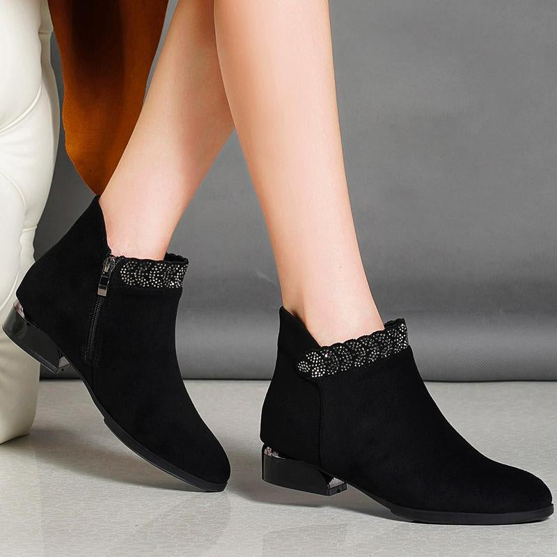 Rhinestone suede low-heel boots