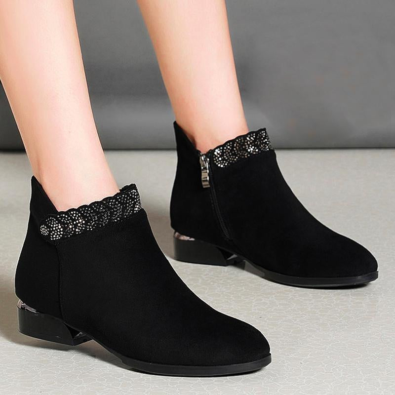 Rhinestone suede low-heel boots